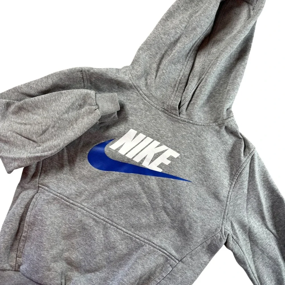 Nike Hoodie Youth Large Gray Blue White Swoosh Graphic Pullover FD2988-064